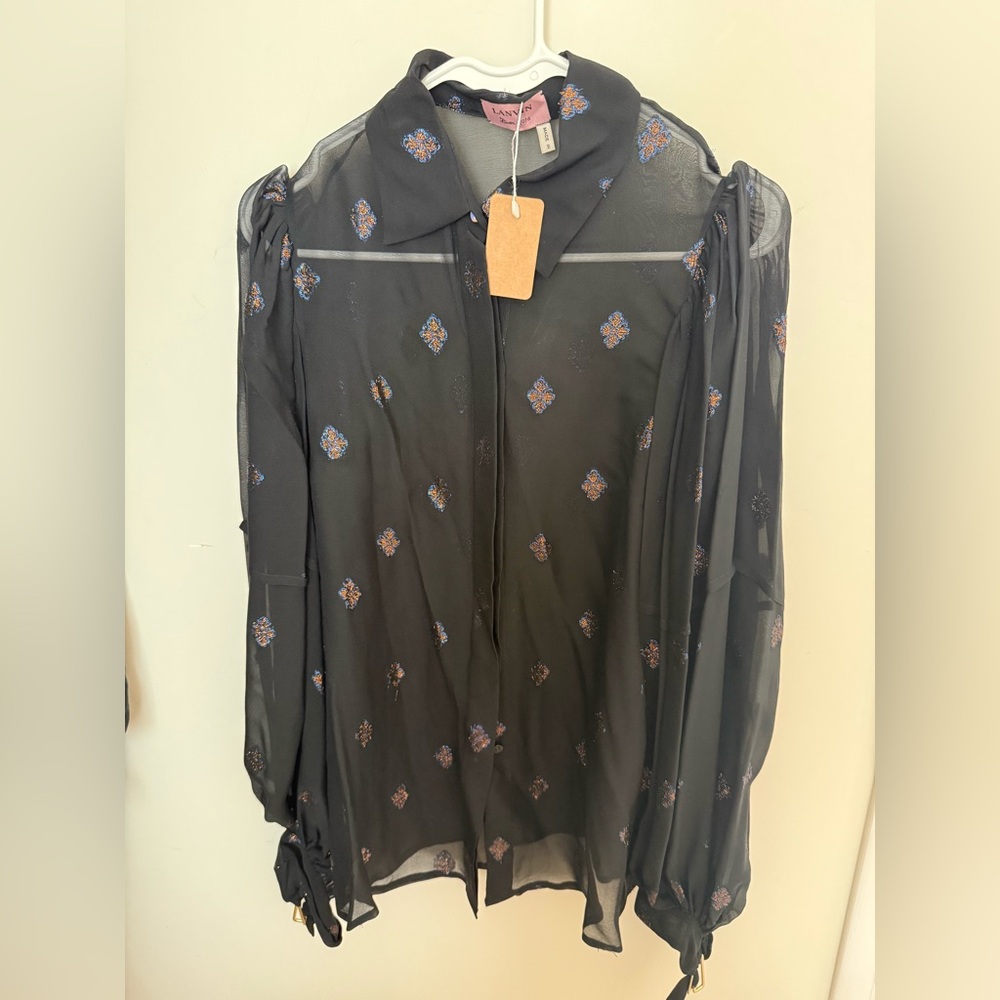 Vintage Lanvin Made in France Black Sheer Blouse with Blue and Brown Medallions